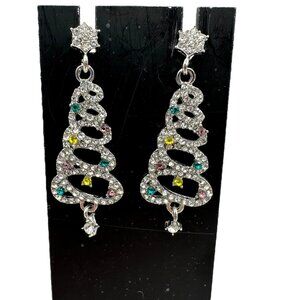 Sparkly Christmas Tree Drop Earrings Multicolor Rhinestones Silver Green Yellow